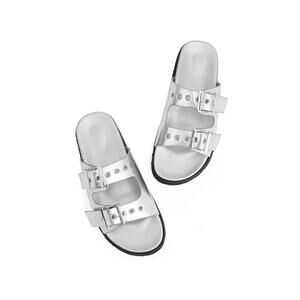 Easyfox Silver Slides Sandals‎ Shoes Women's Double Buckle Adjustable